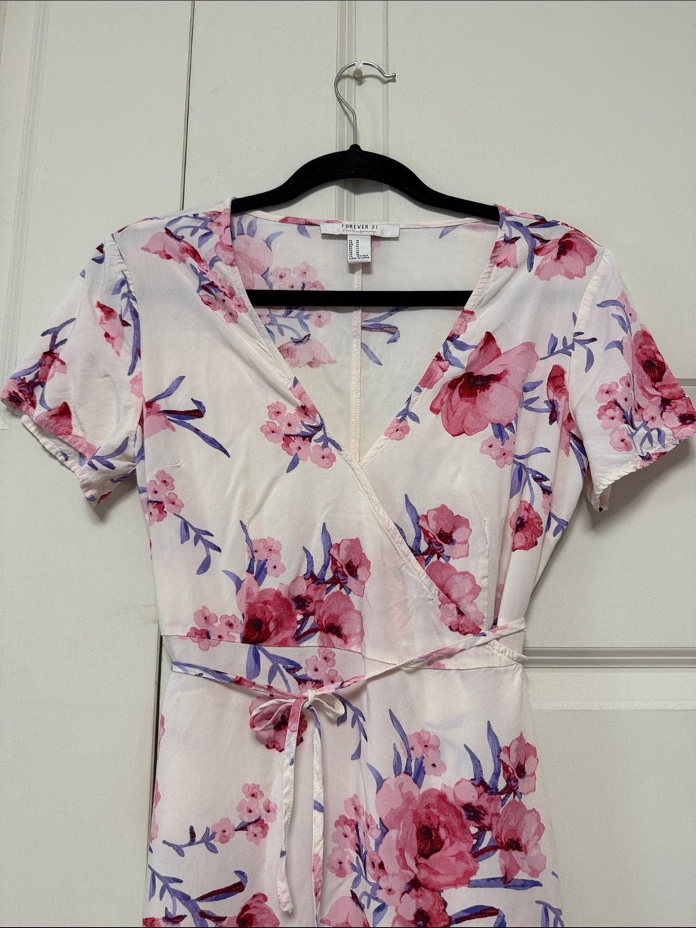 Forever 21 Pink Floral Wrap Midi Dress on White Background - Picture 3 of 11